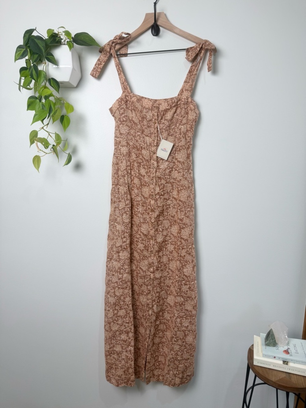 Faherty Kendall Dress Bronze Riviera Floral S 100% Linen Maxi Tie Strap Boho